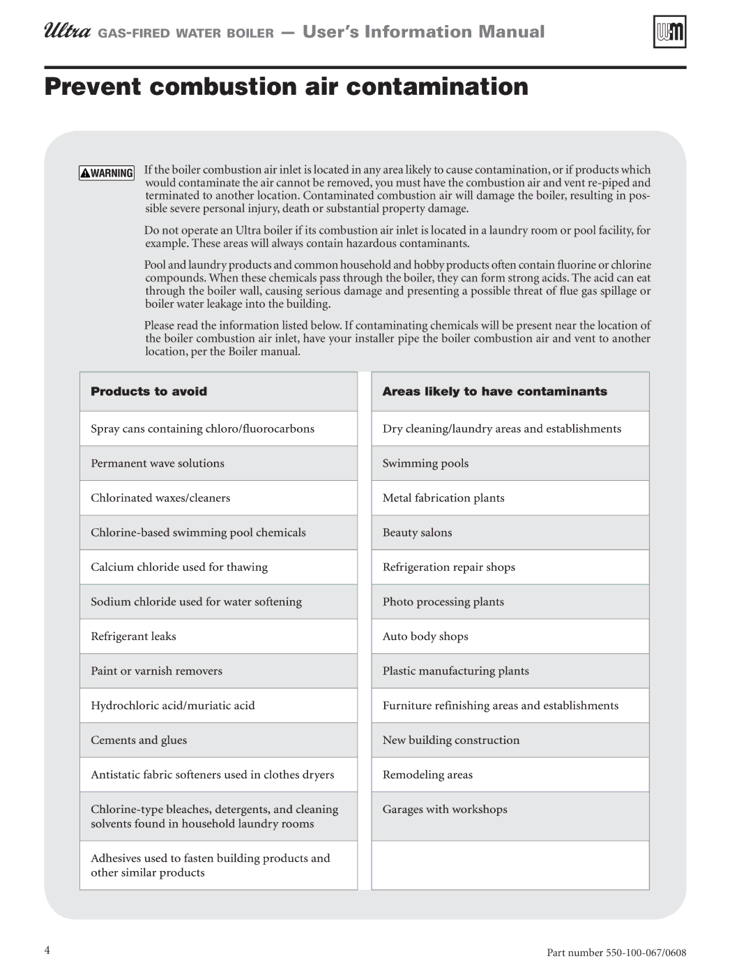 Weil-McLain 550-100-067/0608 manual Prevent combustion air contamination 