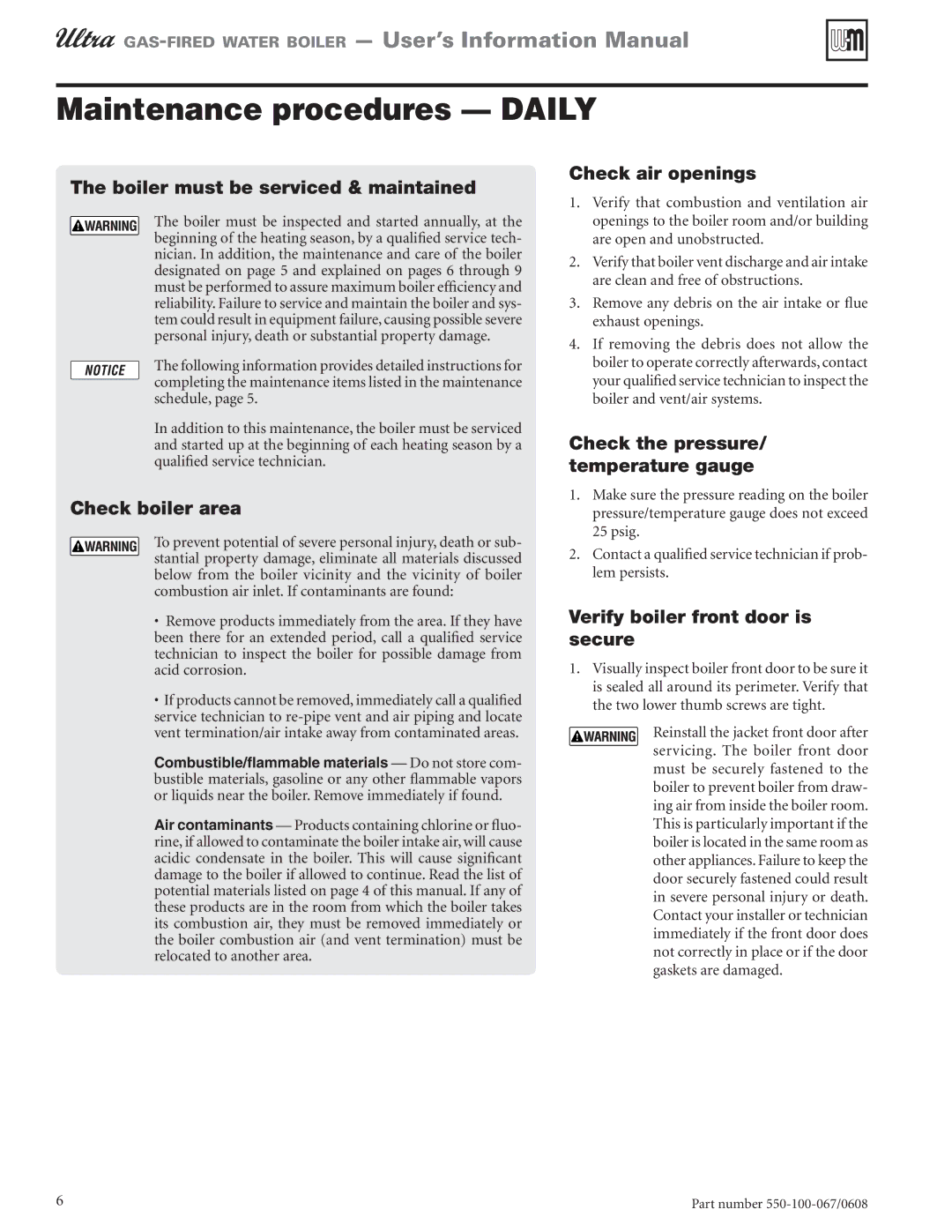 Weil-McLain 550-100-067/0608 manual Maintenance procedures Daily 