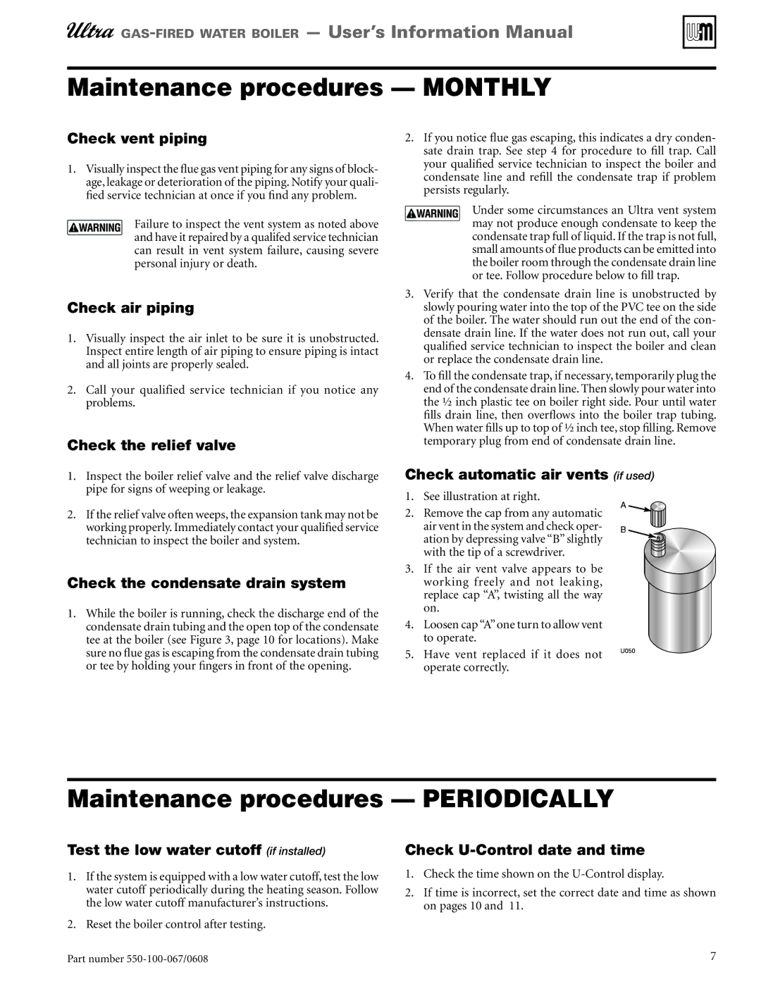 Weil-McLain 550-100-067/0608 manual Maintenance procedures Monthly, Maintenance procedures Periodically 