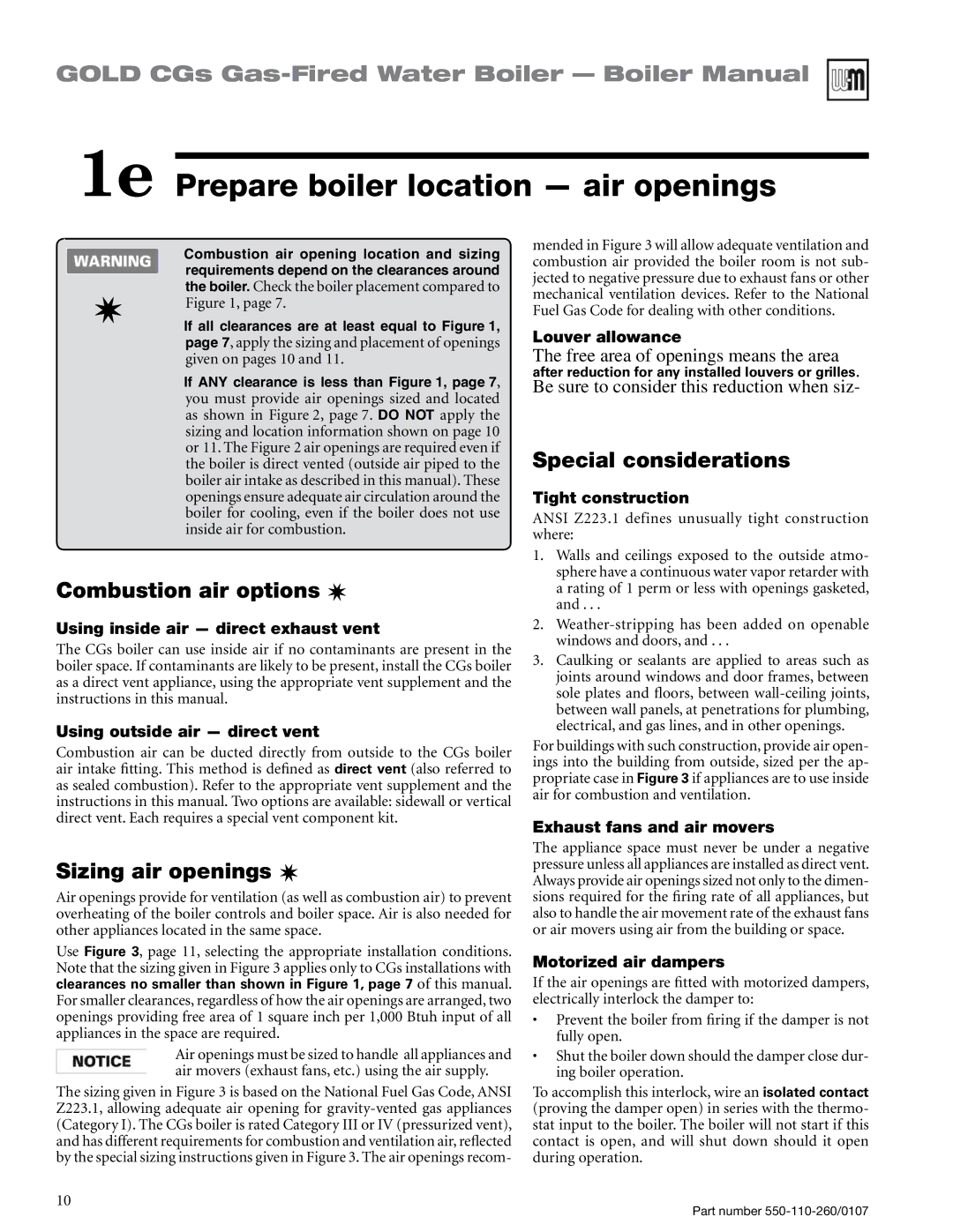 Weil-McLain 550-110-260/0107 manual 1e Prepare boiler location air openings, Combustion air options, Special considerations 