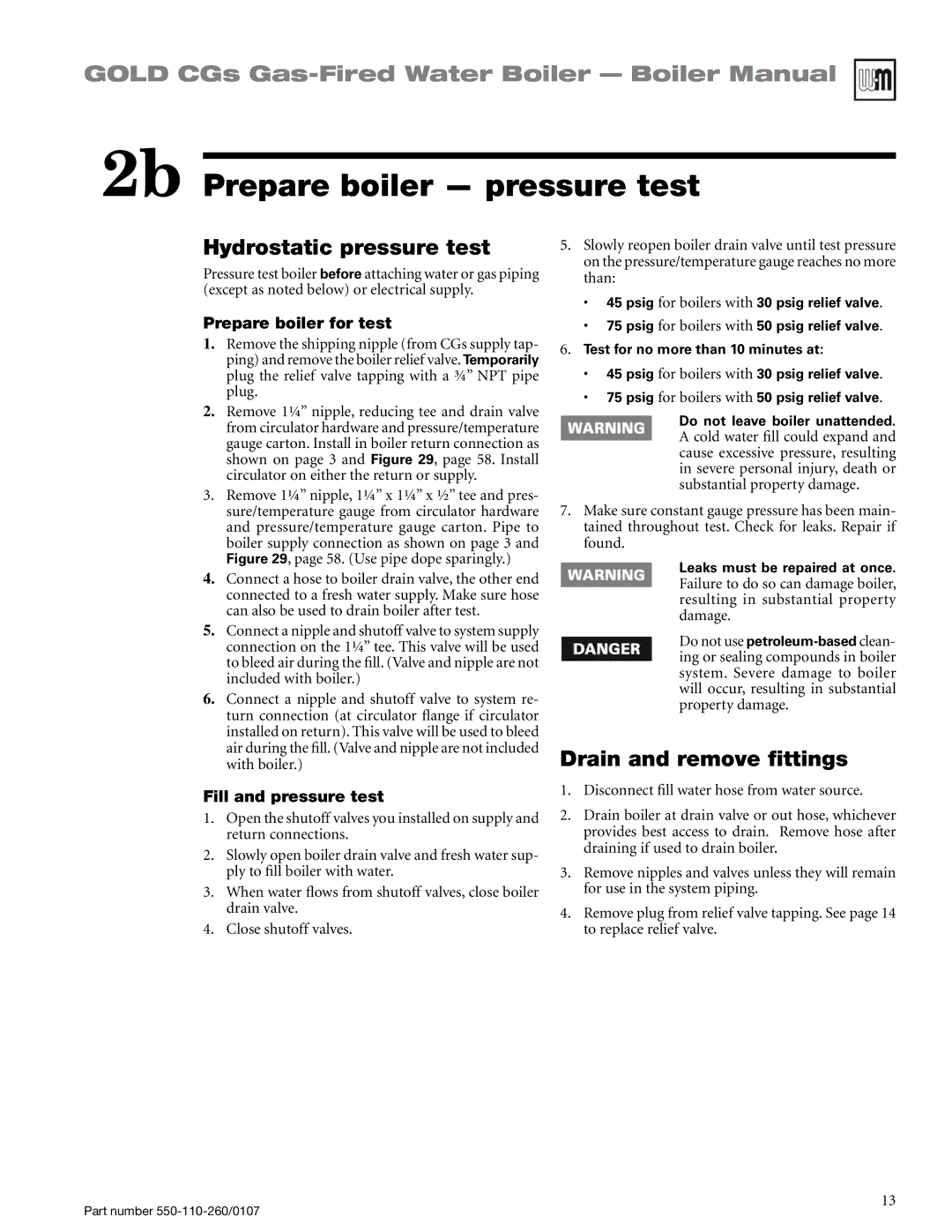 Weil-McLain 550-110-260/0107 manual 2b Prepare boiler pressure test, Hydrostatic pressure test, Drain and remove fittings 