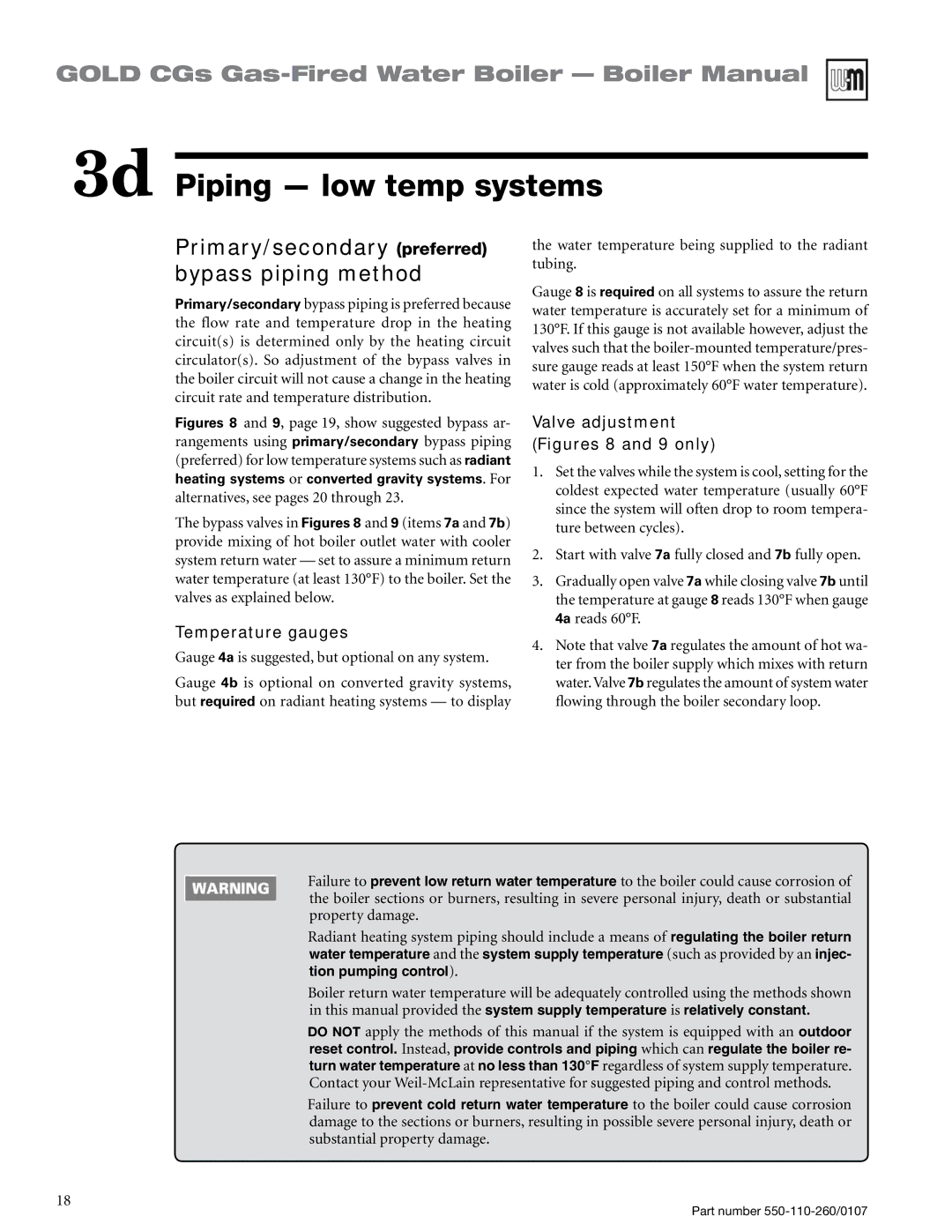 Weil-McLain 550-110-260/0107 manual 3d Piping low temp systems, Primary/secondary preferred bypass piping method 