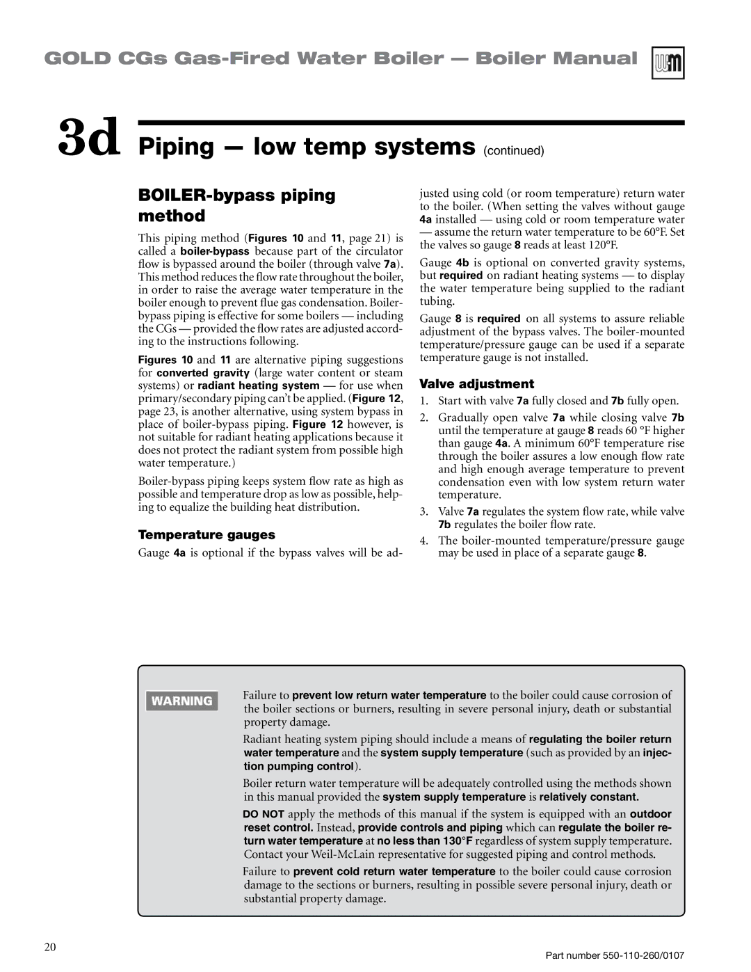 Weil-McLain 550-110-260/0107 manual BOILER-bypass piping method, Valve adjustment 