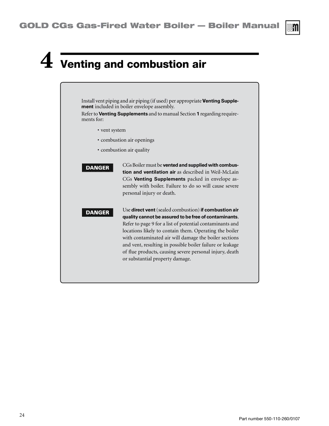 Weil-McLain 550-110-260/0107 manual Venting and combustion air 