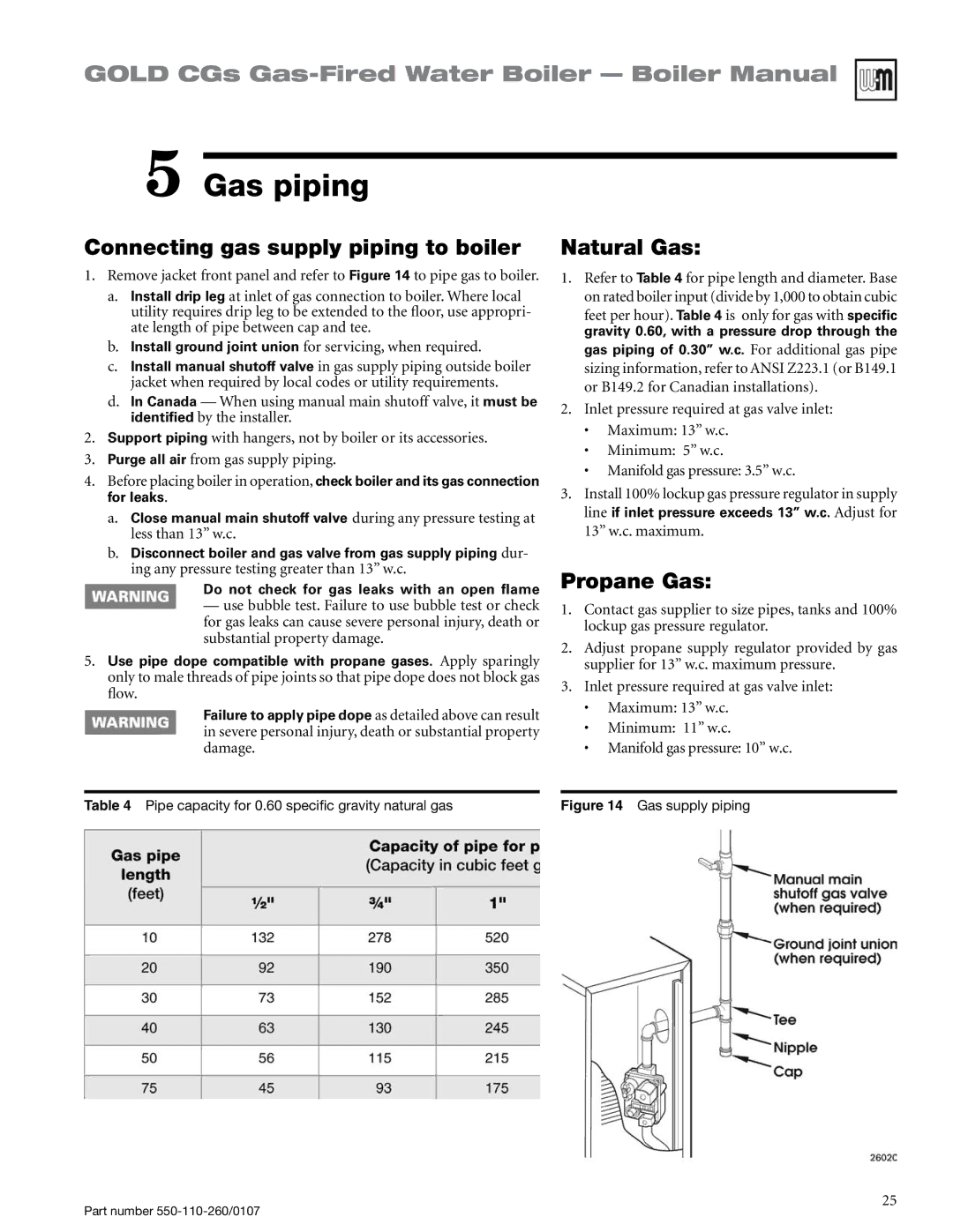 Weil-McLain 550-110-260/0107 manual Gas piping, Connecting gas supply piping to boiler, Natural Gas, Propane Gas 