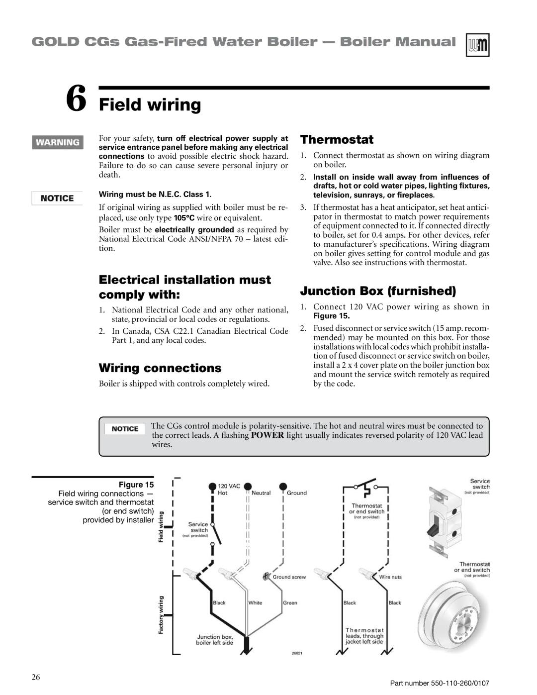 Weil-McLain 550-110-260/0107 manual Field wiring, Thermostat, Electrical installation must comply with, Wiring connections 