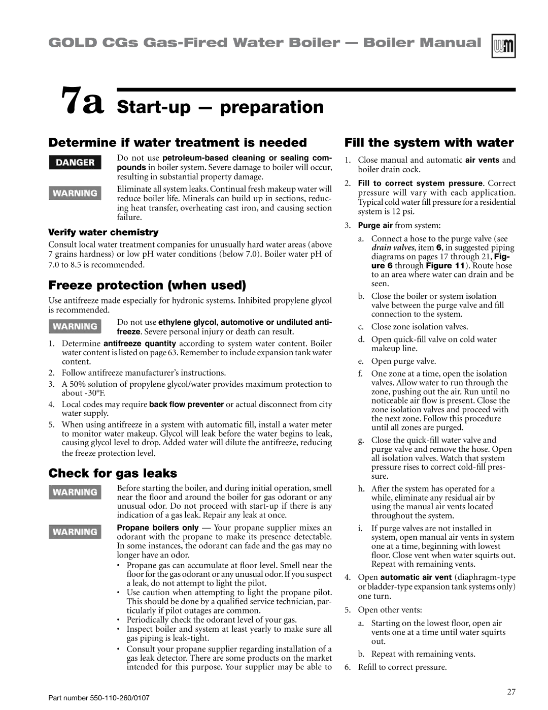 Weil-McLain 550-110-260/0107 manual 7a Start-up preparation, Freeze protection when used, Check for gas leaks 