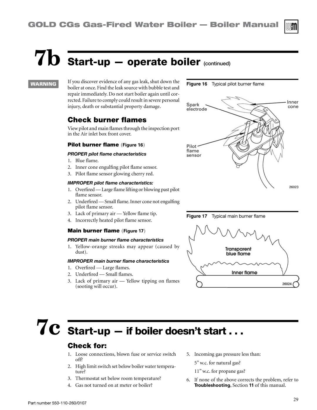 Weil-McLain 550-110-260/0107 7c Start-up if boiler doesn’t start, Check burner flames, Check for, Main burner flame Figure 