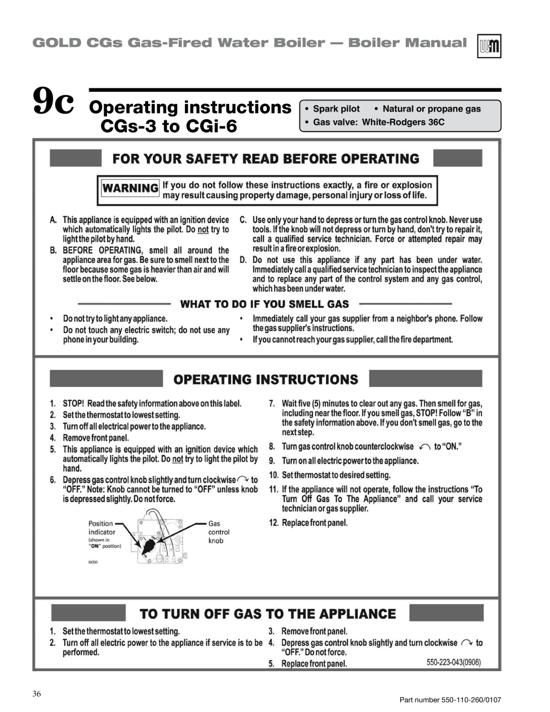 Weil-McLain 550-110-260/0107 manual 9c Operating instructions CGs-3 to CGi-6 