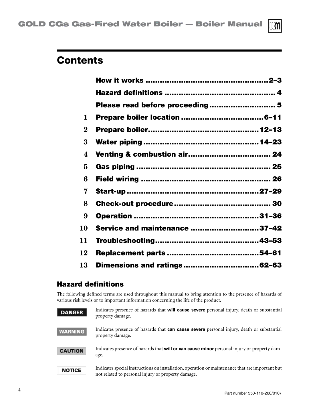 Weil-McLain 550-110-260/0107 manual Contents 