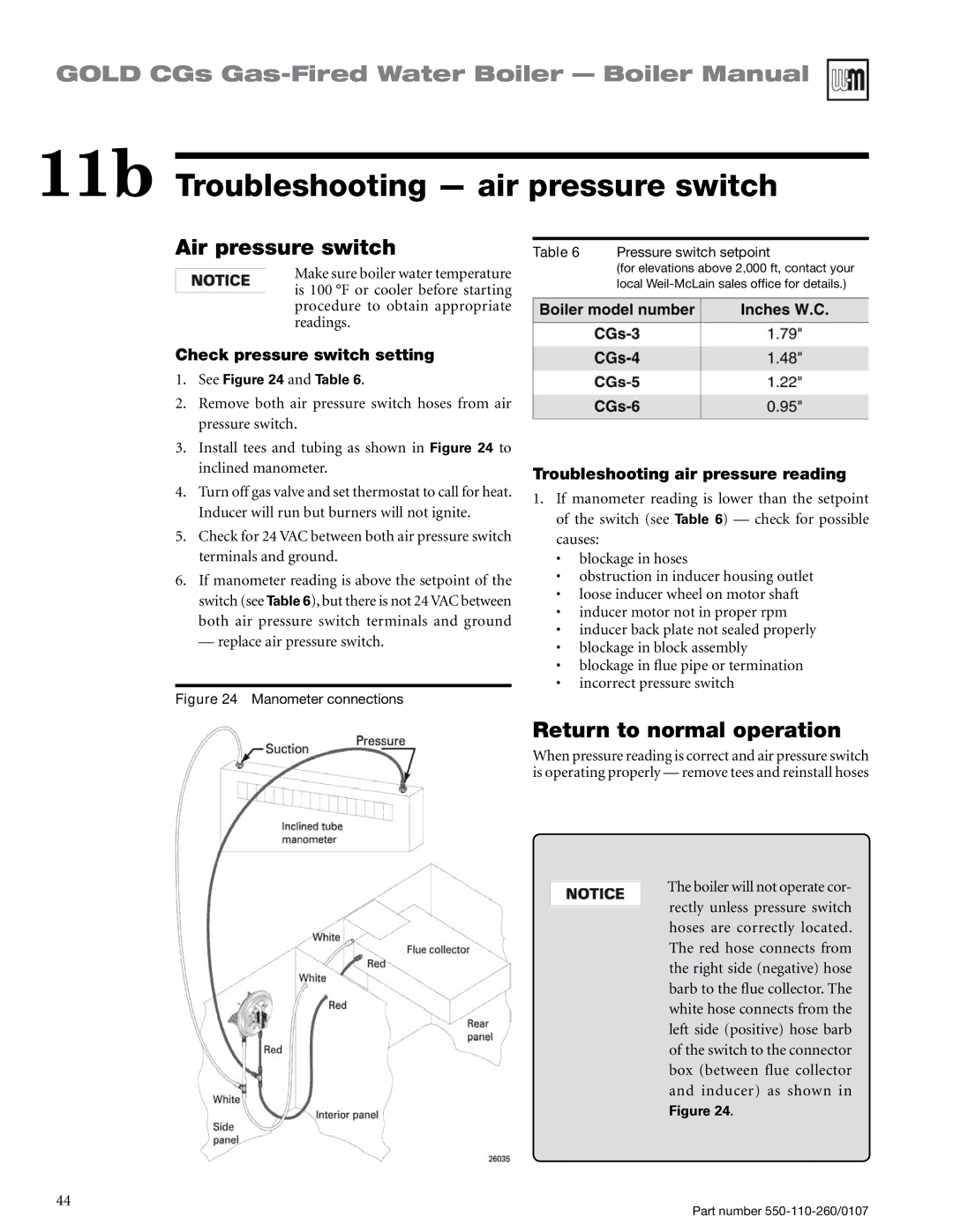 Weil-McLain 550-110-260/0107 11b Troubleshooting air pressure switch, Air pressure switch, Return to normal operation 