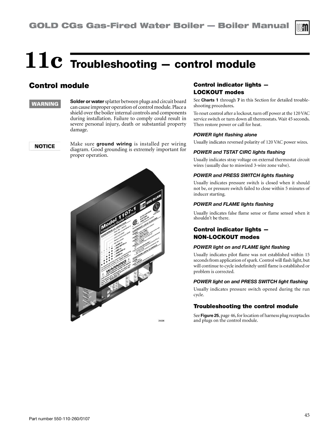 Weil-McLain 550-110-260/0107 11c Troubleshooting control module, Control module, Control indicator lights Lockout modes 