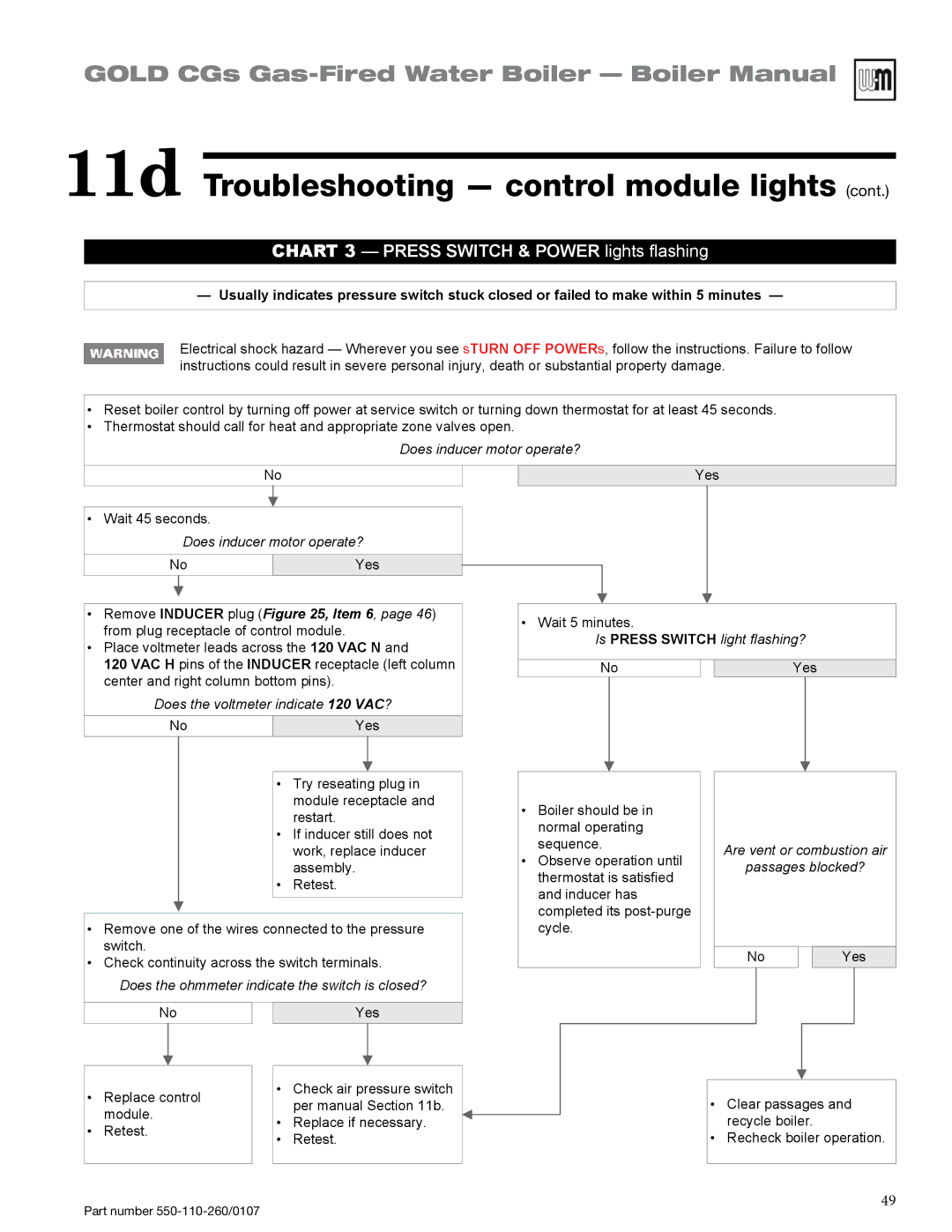 Weil-McLain 550-110-260/0107 manual Chart 3 Press Switch & Power lights flashing 