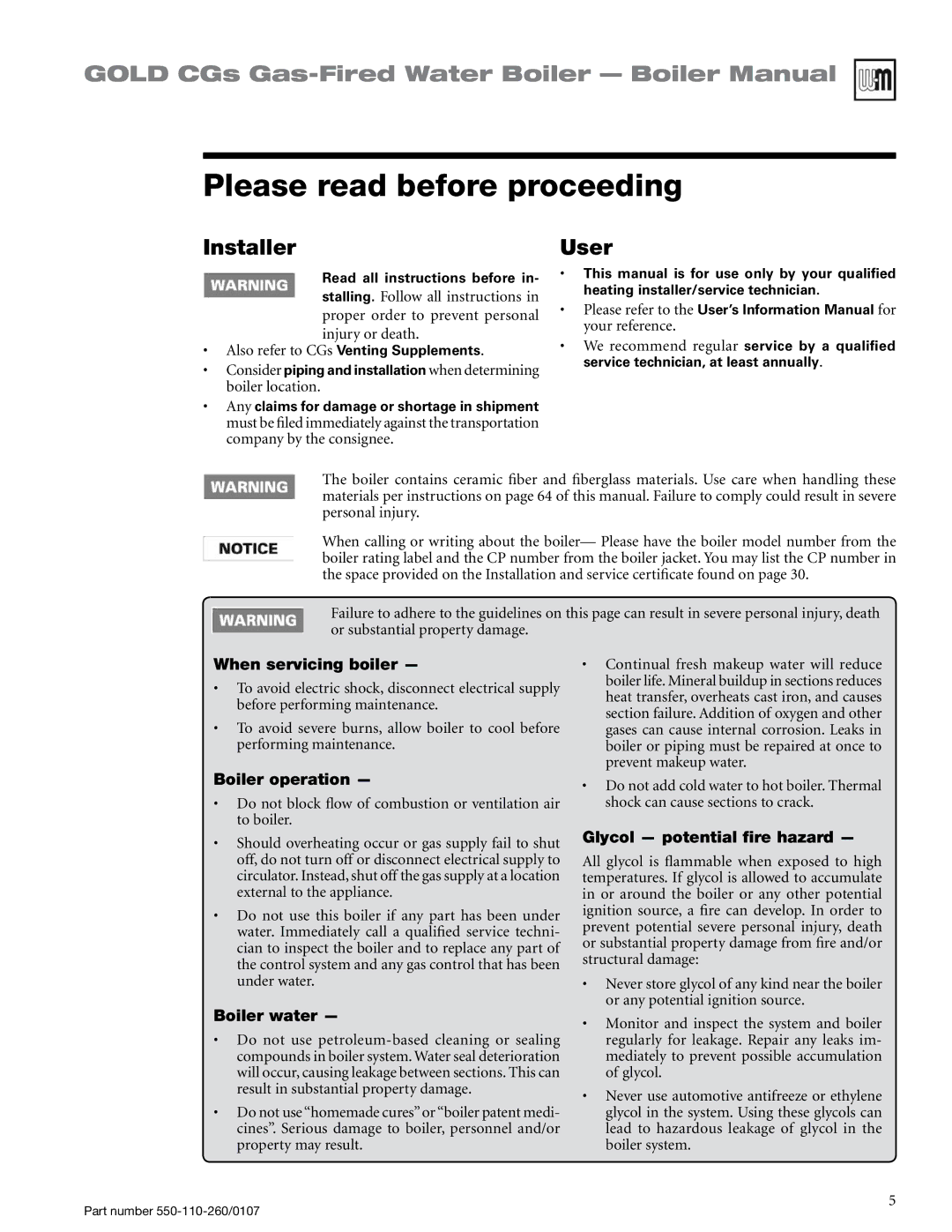 Weil-McLain 550-110-260/0107 manual Please read before proceeding, Installer, User 