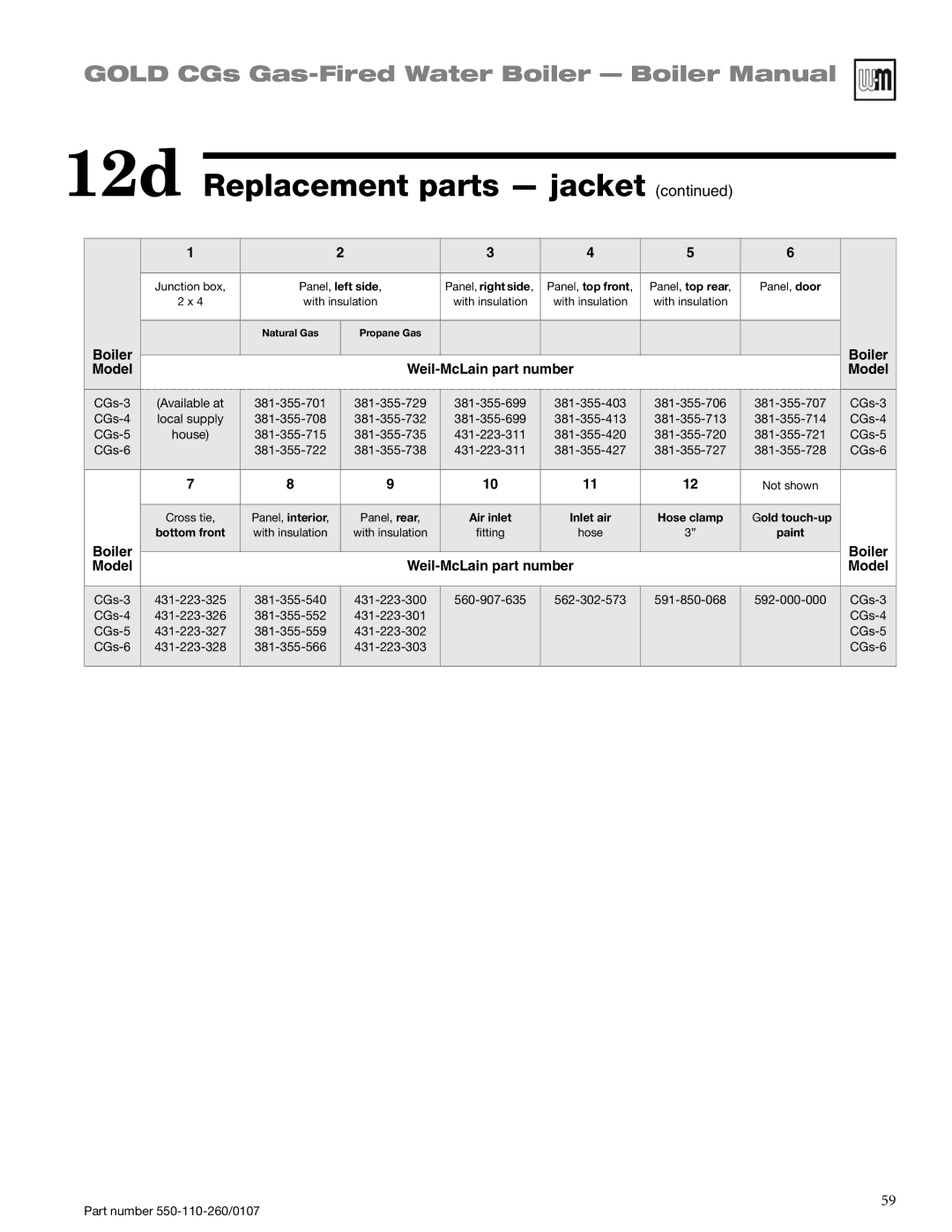 Weil-McLain 550-110-260/0107 manual Boiler Model Weil-McLain part number 