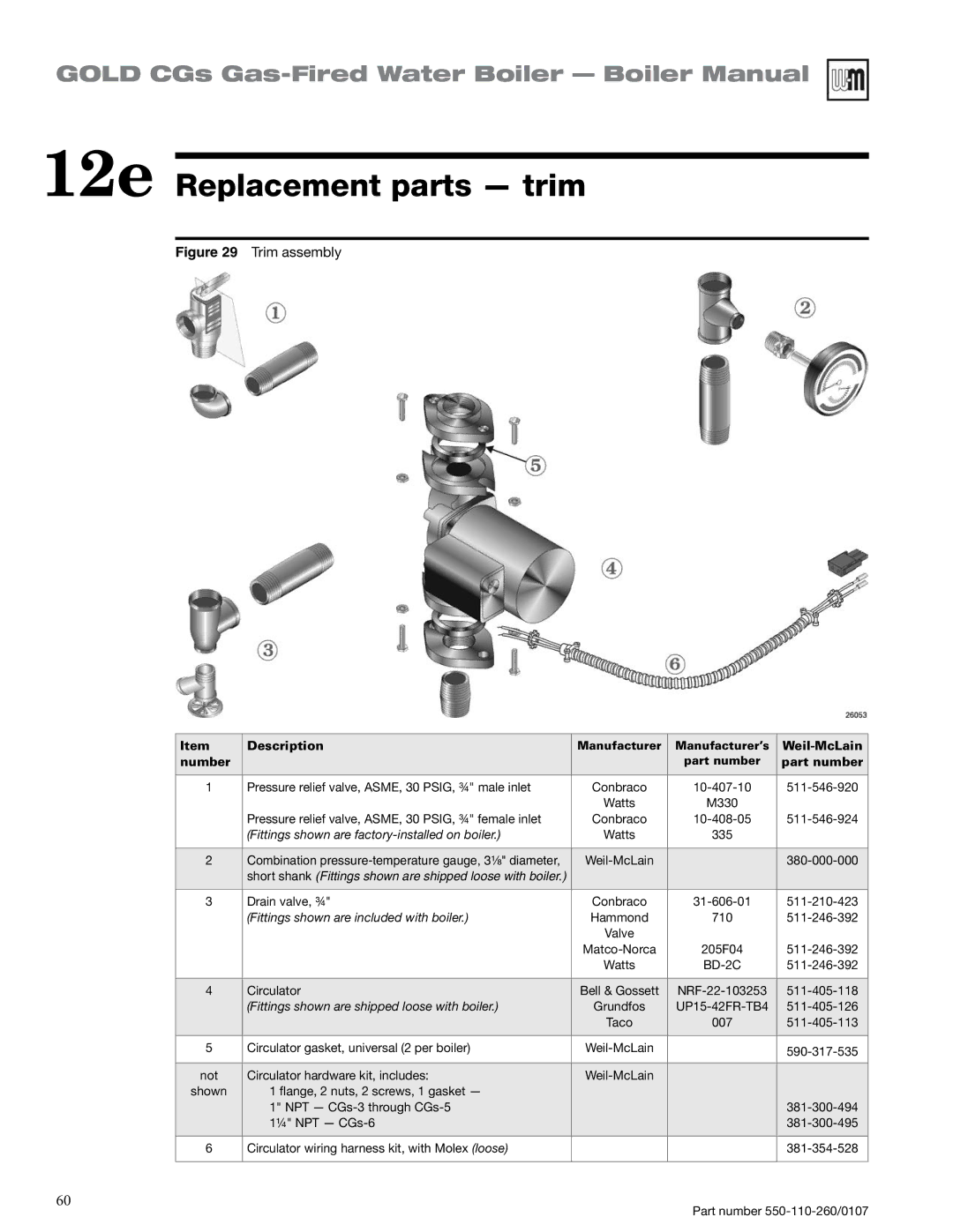 Weil-McLain 550-110-260/0107 manual 12e Replacement parts trim, Part number 