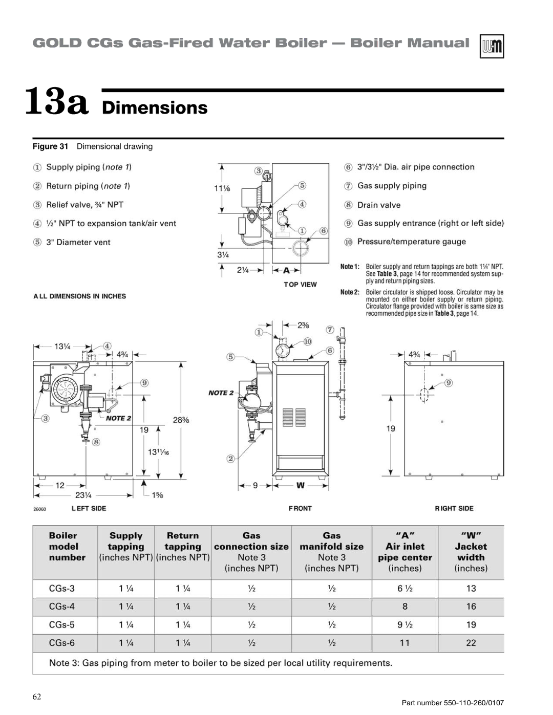 Weil-McLain 550-110-260/0107 manual 13a Dimensions, Dimensional drawing 