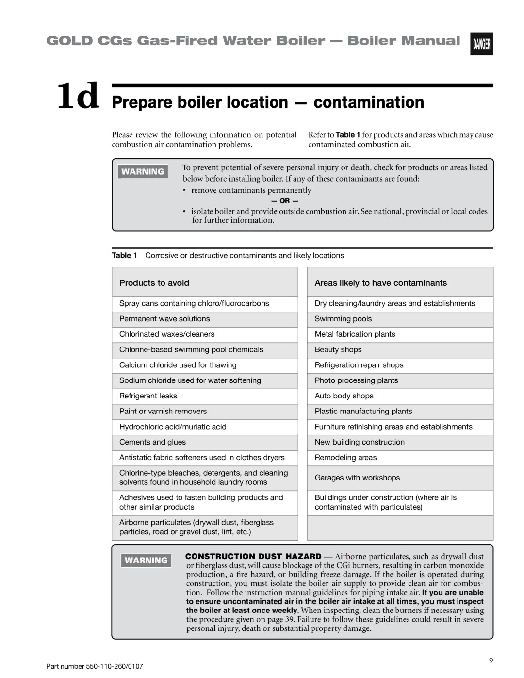 Weil-McLain 550-110-260/0107 manual 1d Prepare boiler location contamination, Products to avoid 