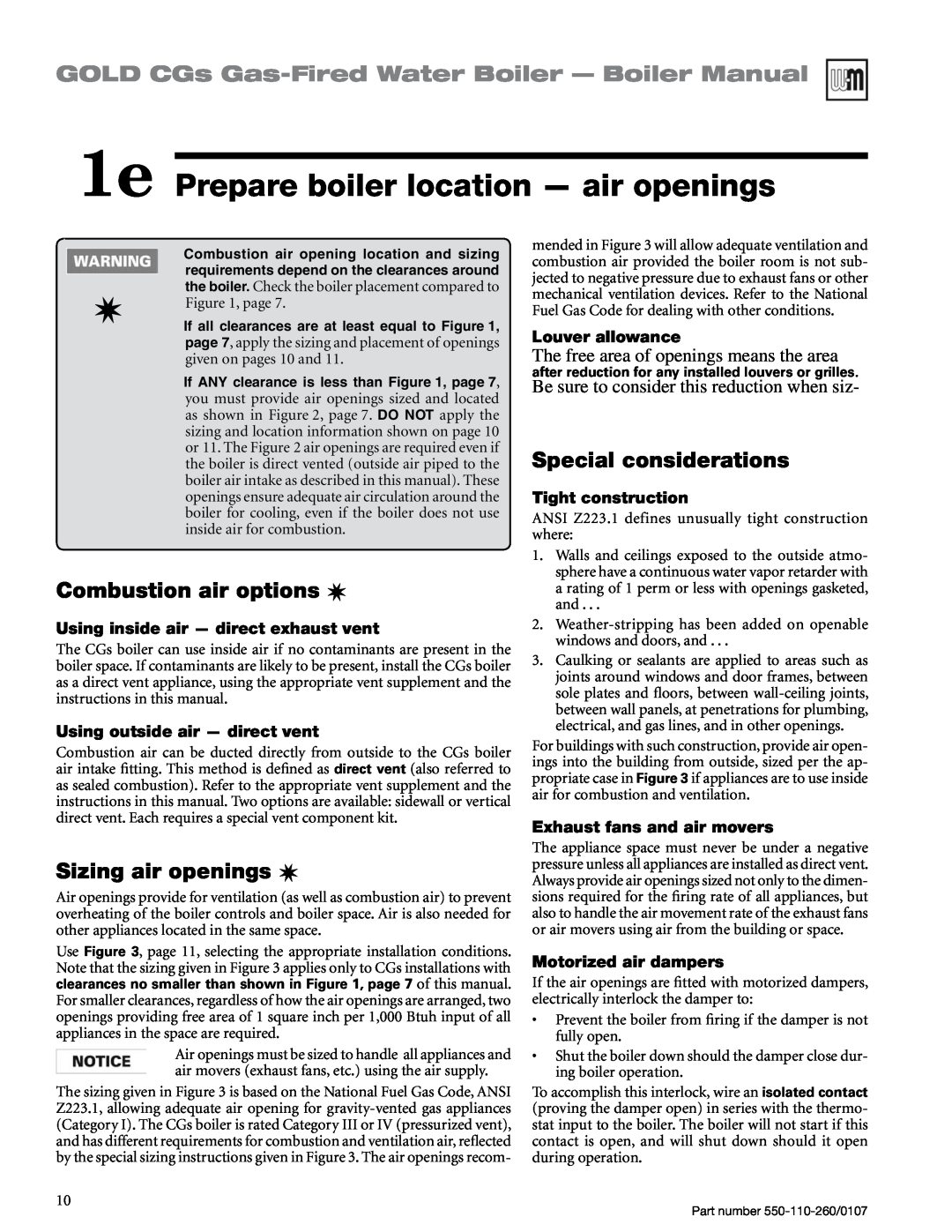 Weil-McLain 550-110-260/0107 1e Prepare boiler location — air openings, Combustion air options, Special considerations 