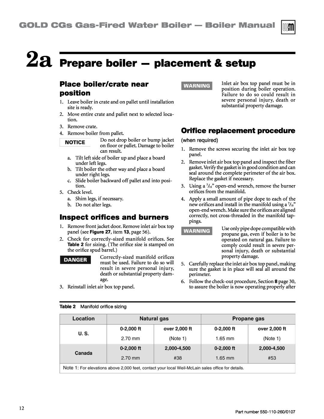 Weil-McLain 550-110-260/0107 manual 2a Prepare boiler — placement & setup, Place boiler/crate near position 
