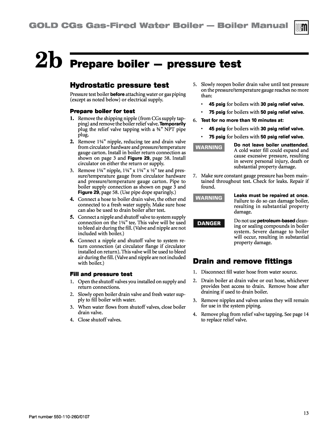 Weil-McLain 550-110-260/0107 manual 2b Prepare boiler - pressure test, Hydrostatic pressure test, Drain and remove fittings 