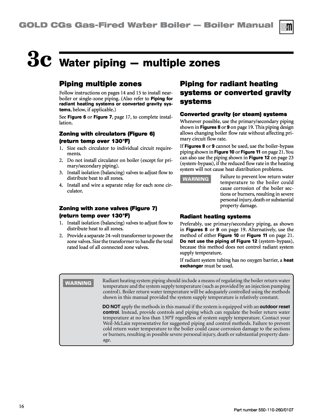 Weil-McLain 550-110-260/0107 3c Water piping — multiple zones, Piping multiple zones, Piping for radiant heating, systems 