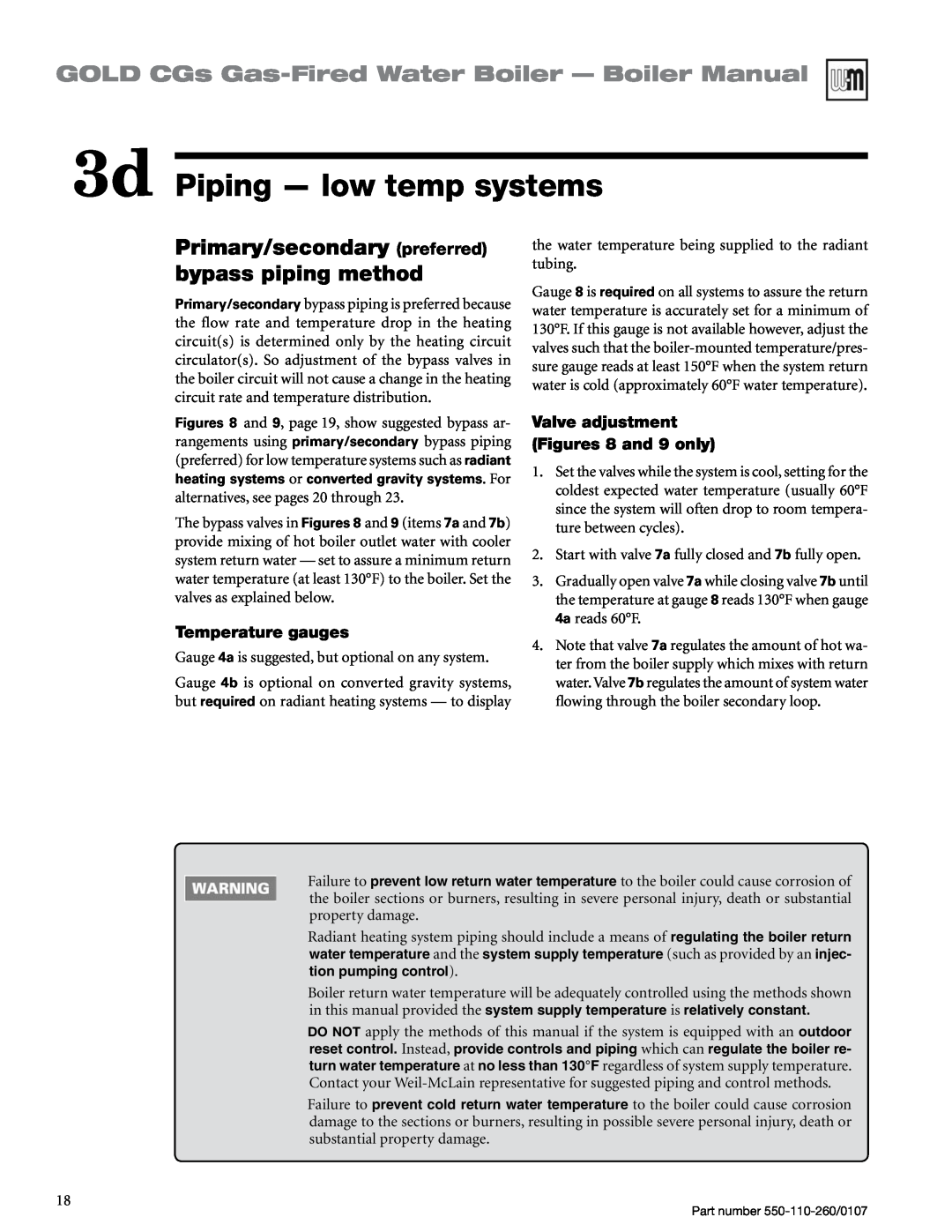 Weil-McLain 550-110-260/0107 manual 3d Piping — low temp systems, Primary/secondary preferred bypass piping method 
