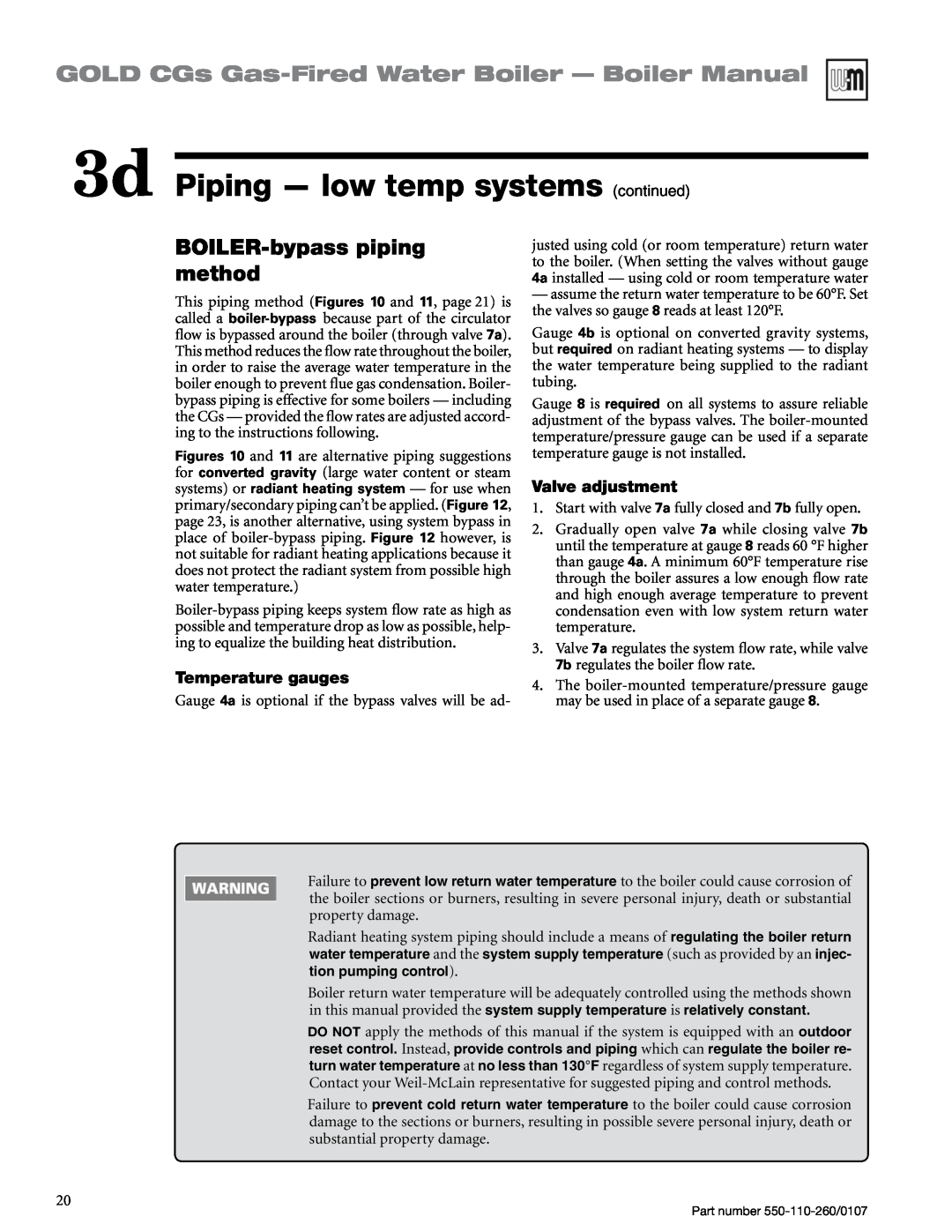 Weil-McLain 550-110-260/0107 manual BOILER-bypasspiping method, 3d Piping — low temp systems continued, Temperature gauges 