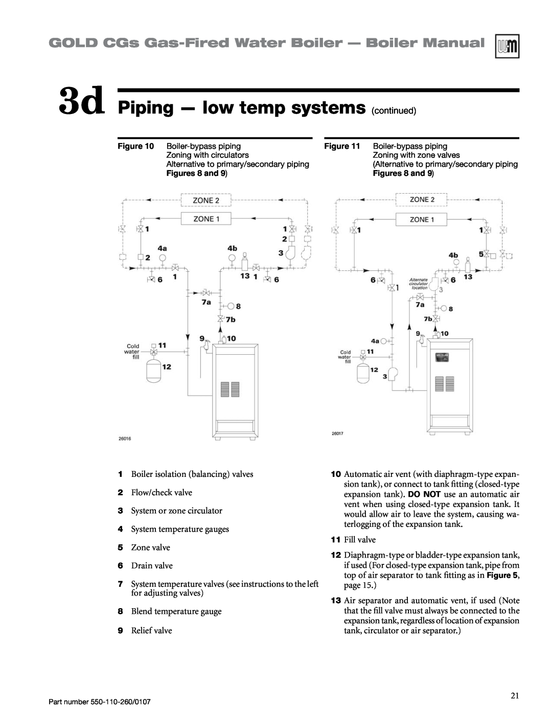 Weil-McLain 550-110-260/0107 manual 3d Piping - low temp systems continued, GOLD CGs Gas-FiredWater Boiler — Boiler Manual 