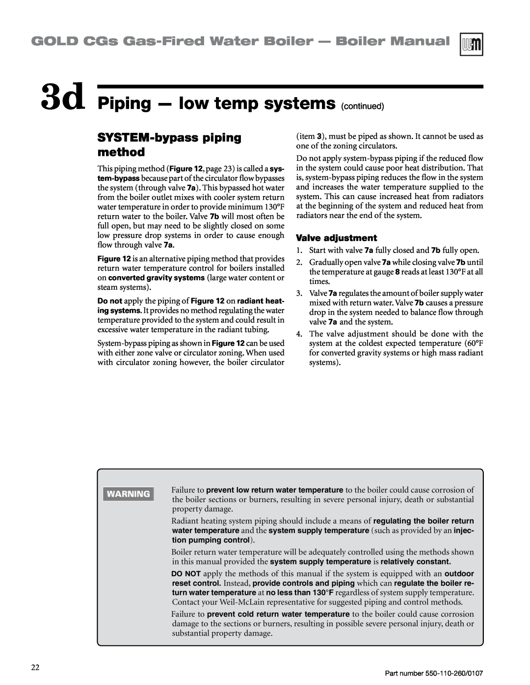 Weil-McLain 550-110-260/0107 manual SYSTEM-bypasspiping method, 3d Piping — low temp systems continued, Valve adjustment 