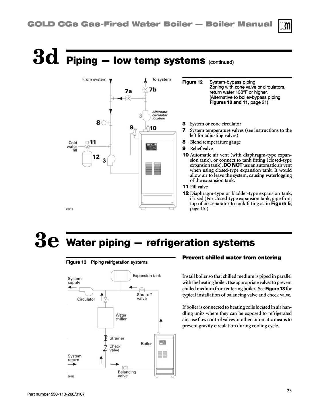 Weil-McLain 550-110-260/0107 manual 3e Water piping — refrigeration systems, 3d Piping — low temp systems continued 
