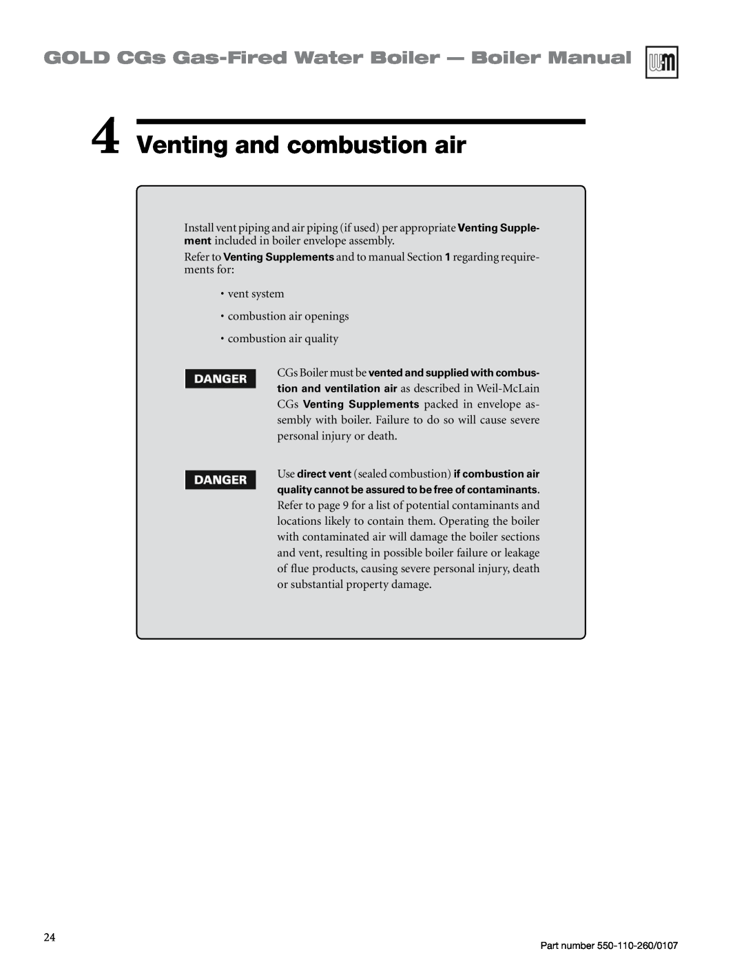 Weil-McLain 550-110-260/0107 manual Venting and combustion air, GOLD CGs Gas-FiredWater Boiler — Boiler Manual 