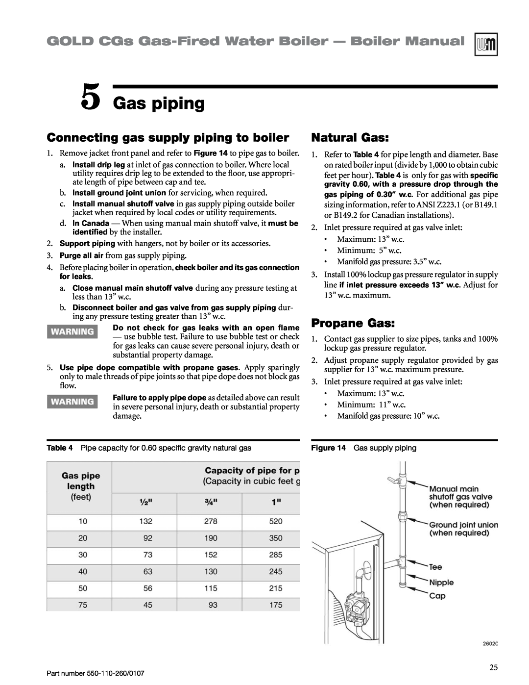 Weil-McLain 550-110-260/0107 manual Gas piping, Connecting gas supply piping to boiler, Natural Gas, Propane Gas 