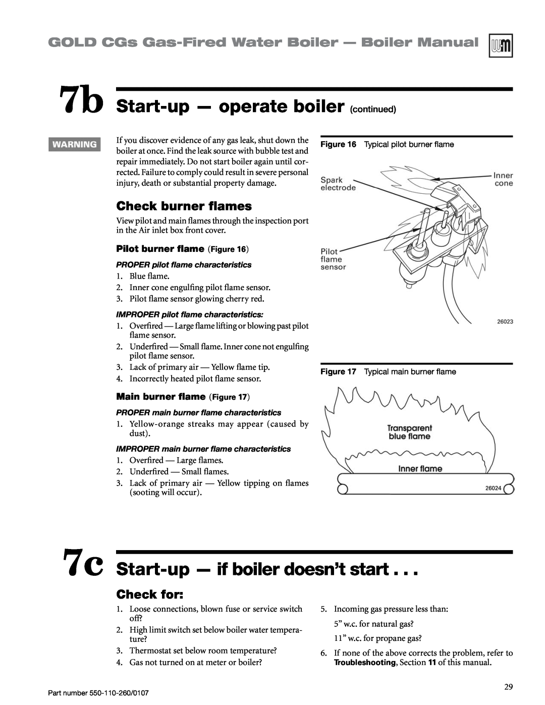 Weil-McLain 550-110-260/0107 manual 7b Start-up— operate boiler continued, 7c Start-up- if boiler doesn’t start, Check for 