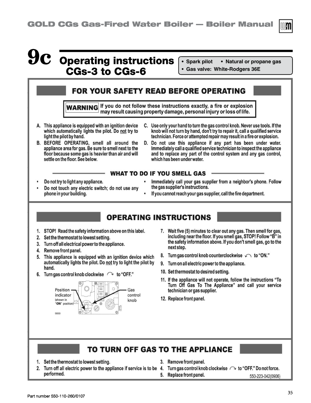 Weil-McLain 550-110-260/0107 manual 9c Operating instructions CGs-3to CGs-6, GOLD CGs Gas-FiredWater Boiler — Boiler Manual 