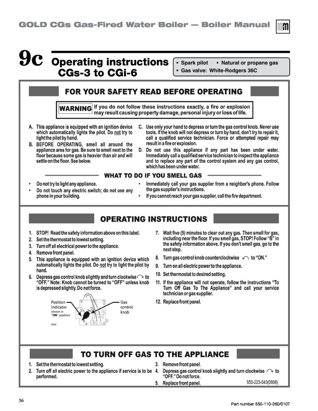 Weil-McLain 550-110-260/0107 manual 9c Operating instructions CGs-3to CGi-6, GOLD CGs Gas-FiredWater Boiler — Boiler Manual 