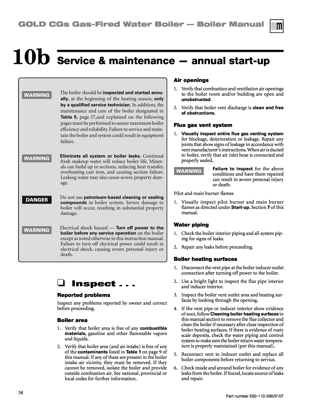 Weil-McLain 550-110-260/0107 manual 10b Service & maintenance — annual start-up, Inspect, Reported problems, Boiler area 
