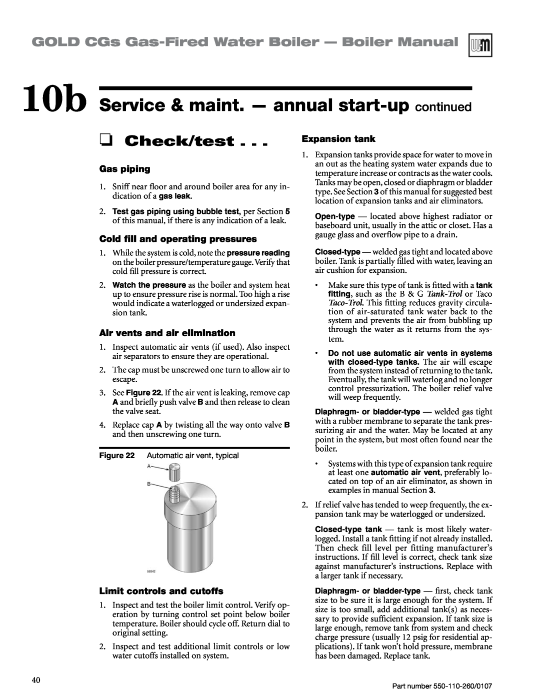 Weil-McLain 550-110-260/0107 10b Service & maint. — annual start-up continued, Check/test, Gas piping, Expansion tank 