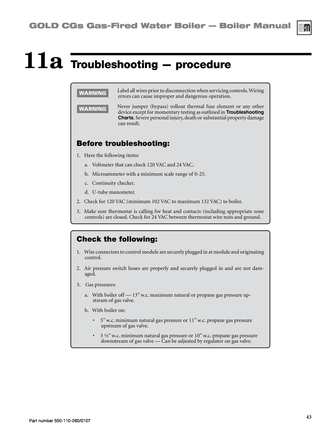 Weil-McLain 550-110-260/0107 manual 11a Troubleshooting — procedure, Before troubleshooting, Check the following 