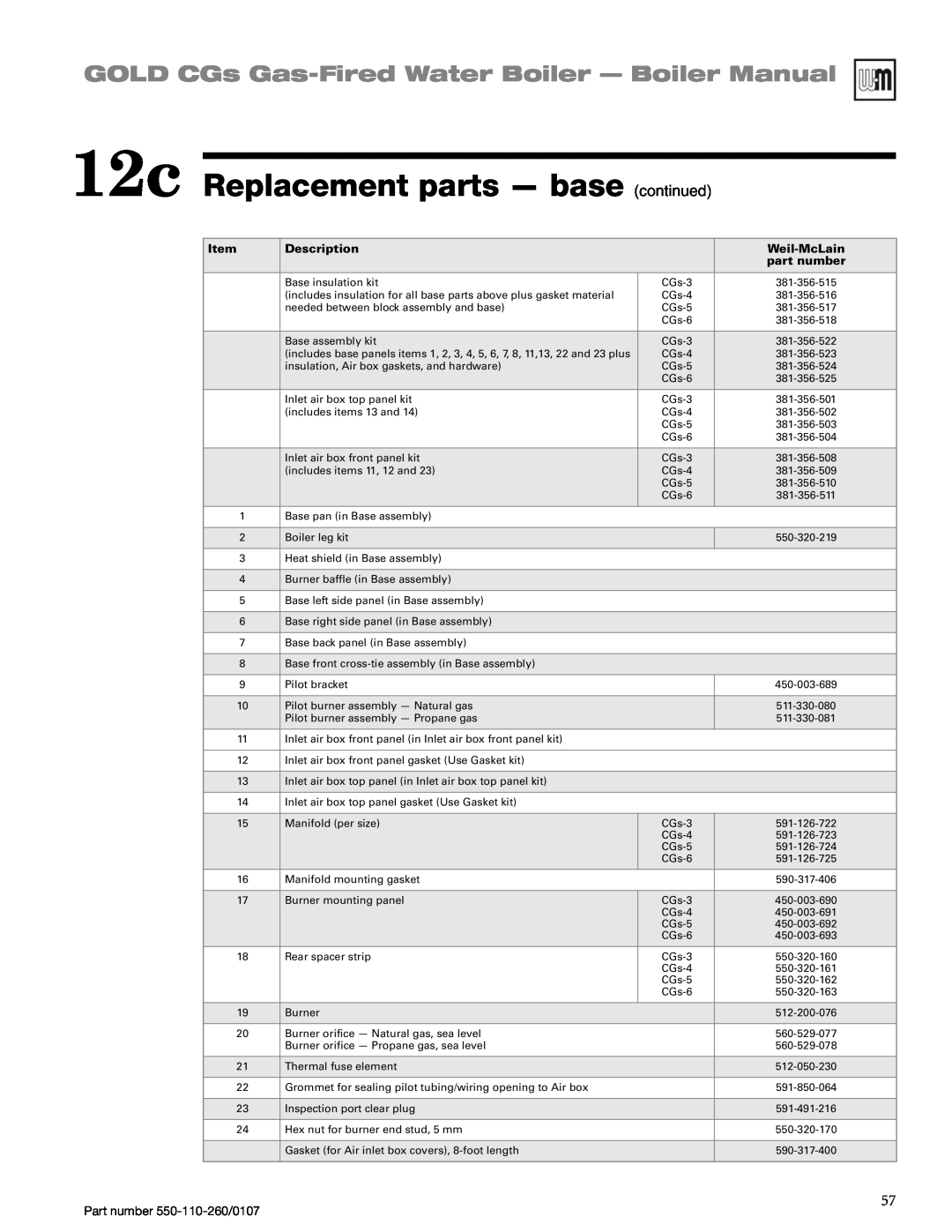 Weil-McLain 550-110-260/0107 manual 12c Replacement parts — base continued, GOLD CGs Gas-FiredWater Boiler — Boiler Manual 