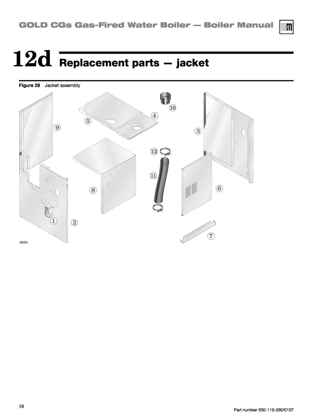 Weil-McLain 550-110-260/0107 manual 12d Replacement parts — jacket, GOLD CGs Gas-FiredWater Boiler — Boiler Manual 