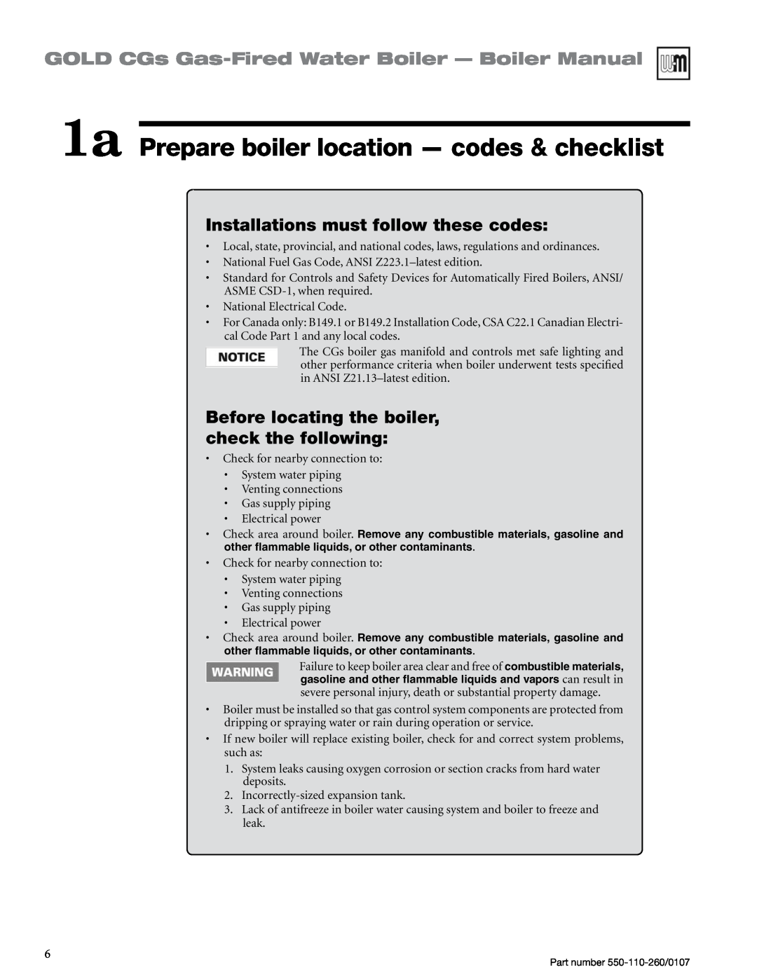 Weil-McLain 550-110-260/0107 manual 1a Prepare boiler location — codes & checklist, Installations must follow these codes 