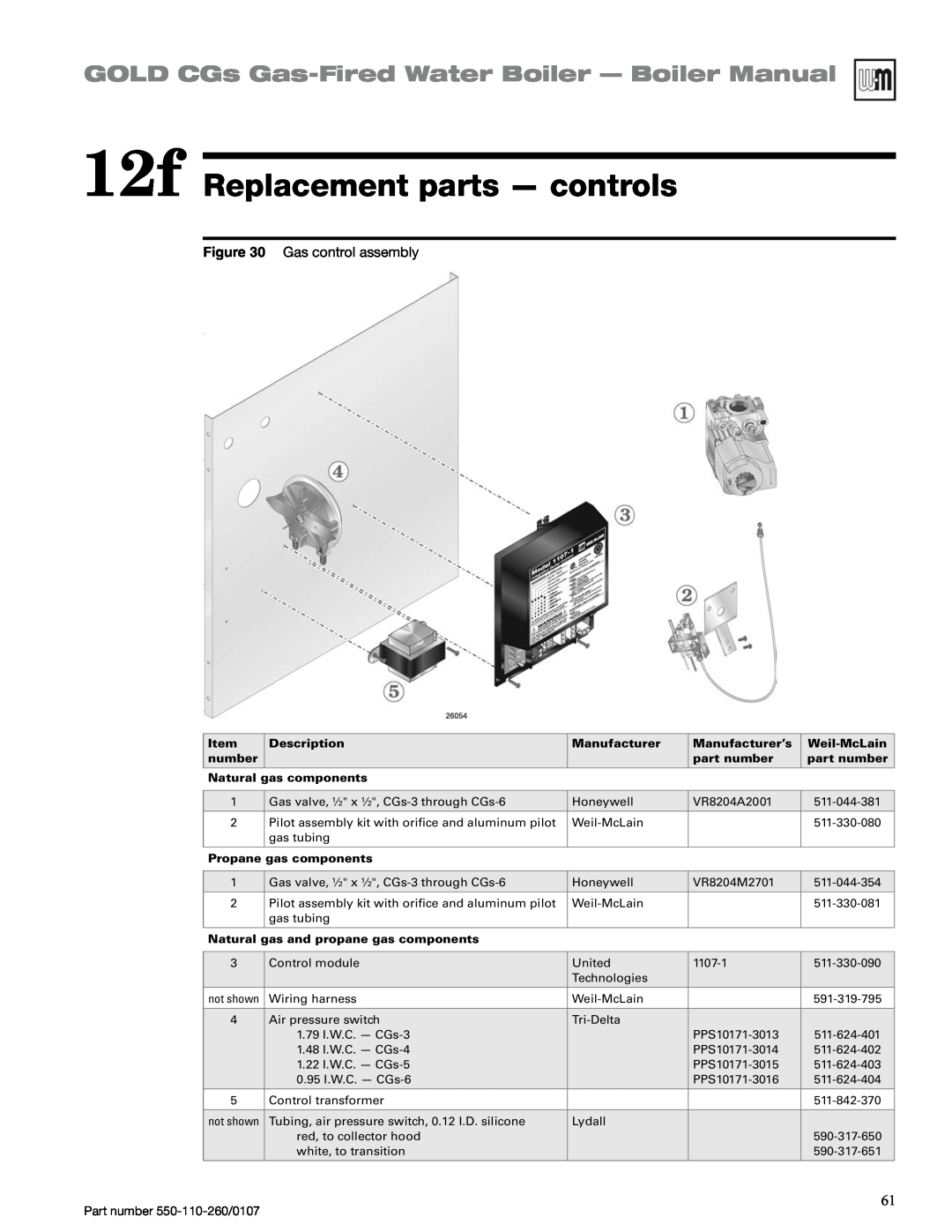 Weil-McLain 550-110-260/0107 manual 12f Replacement parts — controls, GOLD CGs Gas-FiredWater Boiler - Boiler Manual 