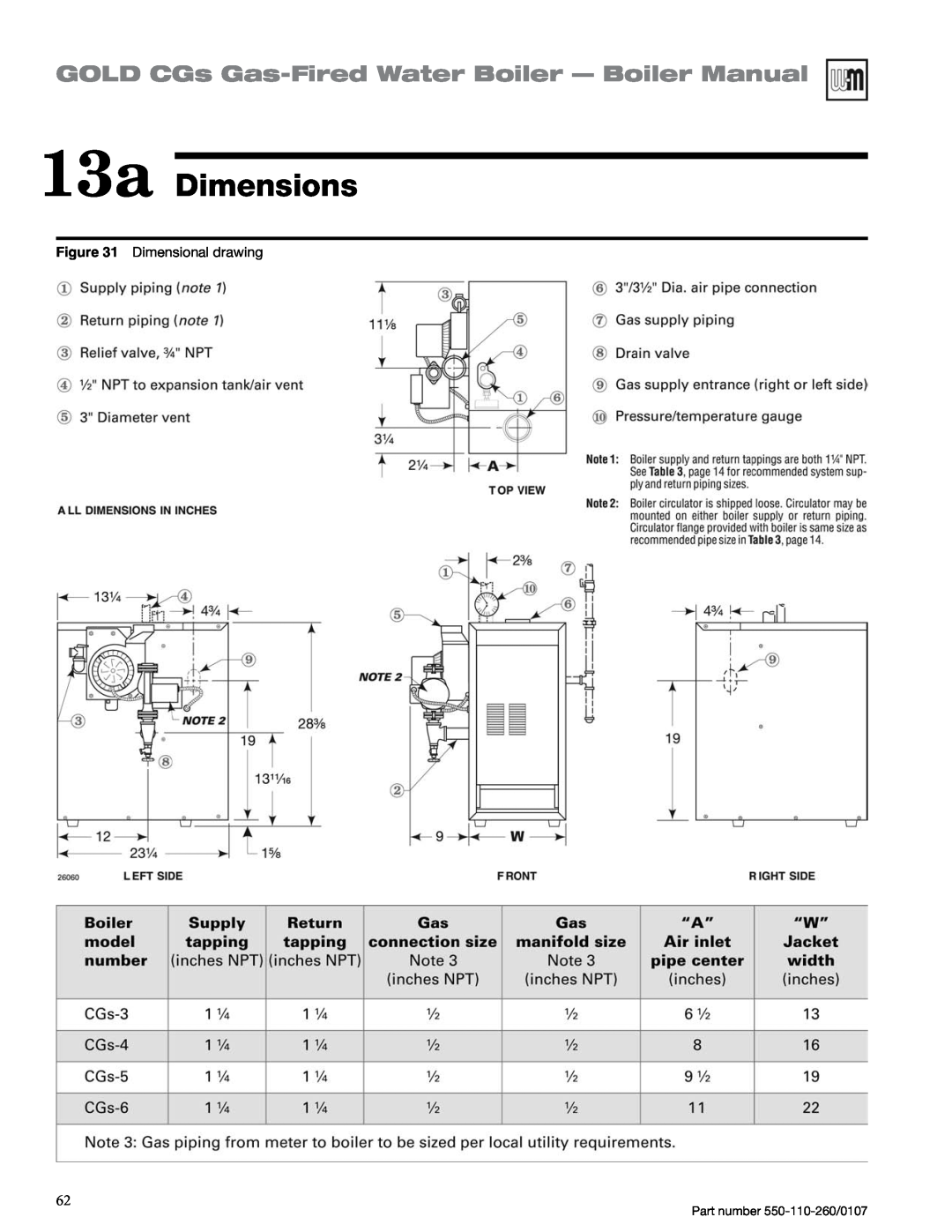 Weil-McLain 550-110-260/0107 manual 13a Dimensions, GOLD CGs Gas-FiredWater Boiler — Boiler Manual, Dimensional drawing 
