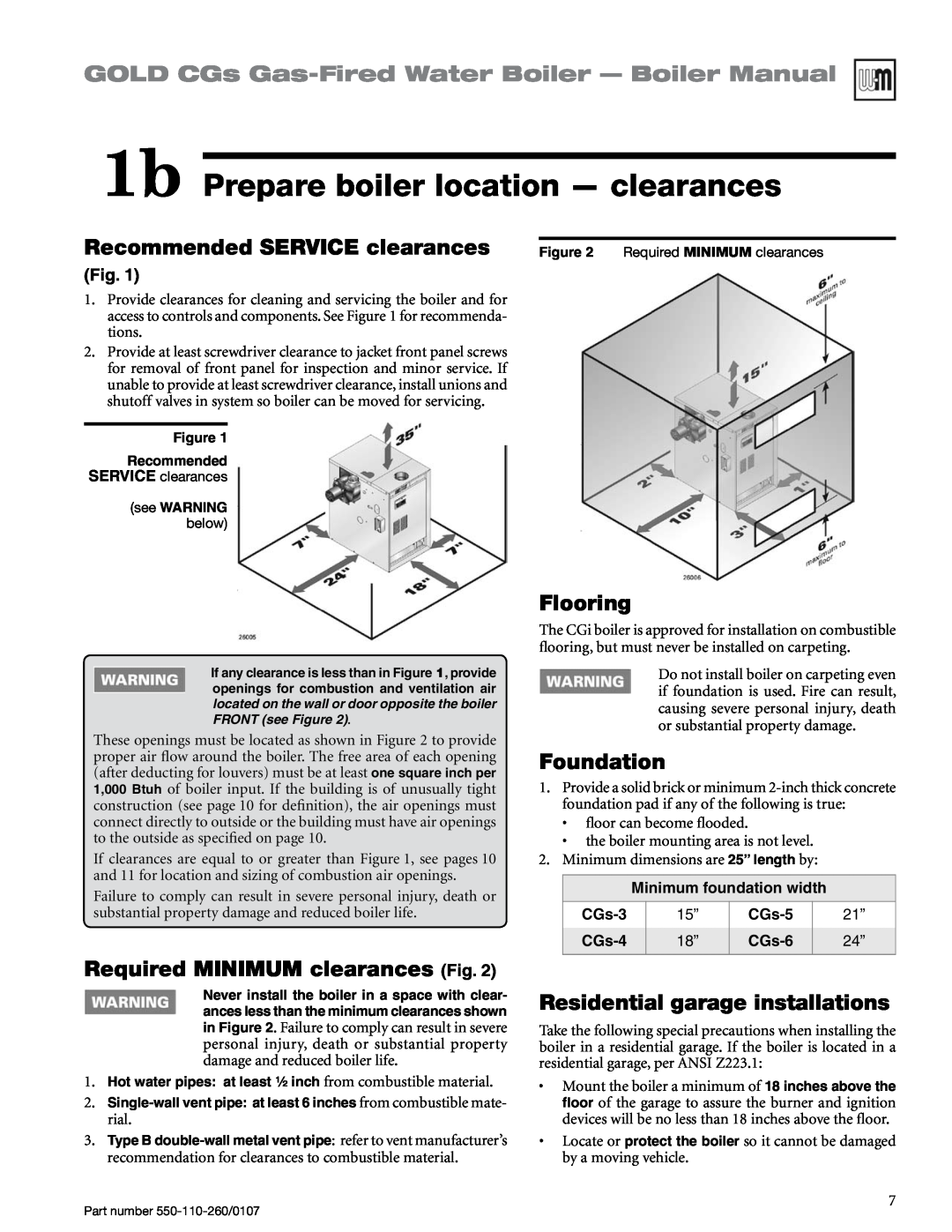 Weil-McLain 550-110-260/0107 1b Prepare boiler location — clearances, Recommended SERVICE clearances, Flooring, Foundation 