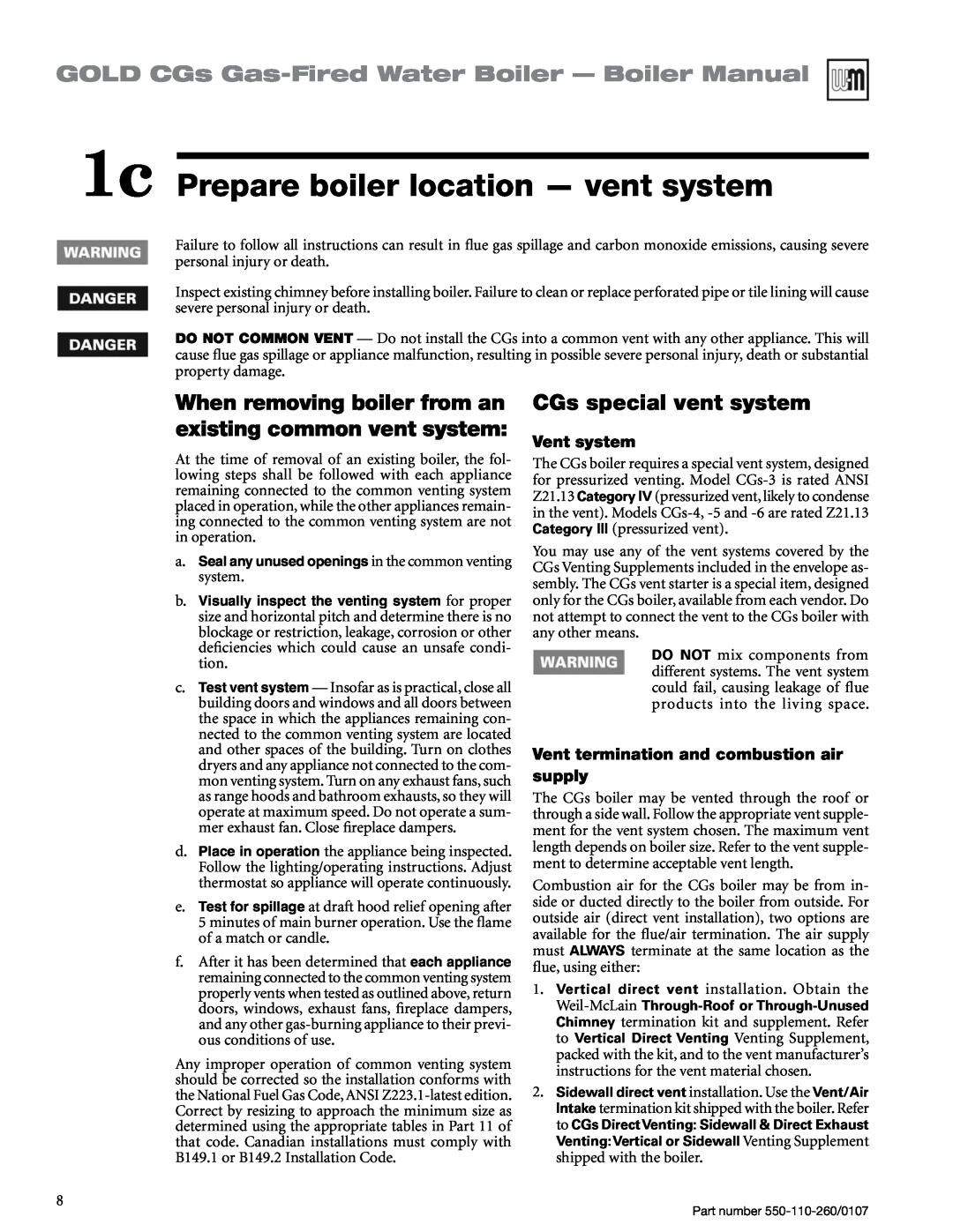 Weil-McLain 550-110-260/0107 manual 1c Prepare boiler location — vent system, CGs special vent system, Vent system 