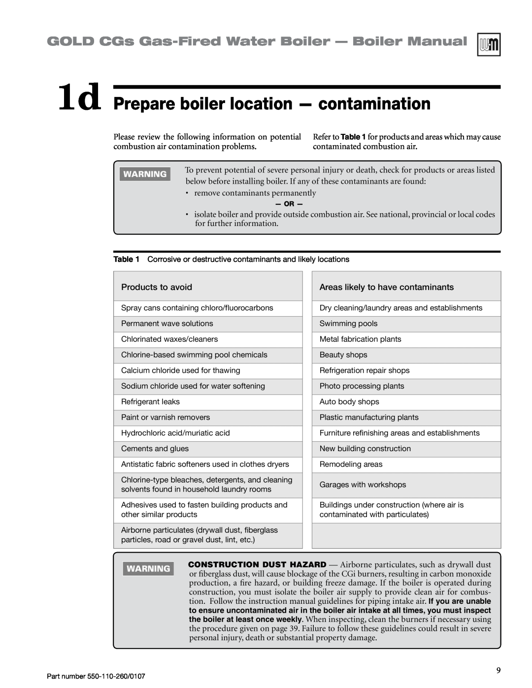 Weil-McLain 550-110-260/0107 1d Prepare boiler location — contamination, GOLD CGs Gas-FiredWater Boiler — Boiler Manual 