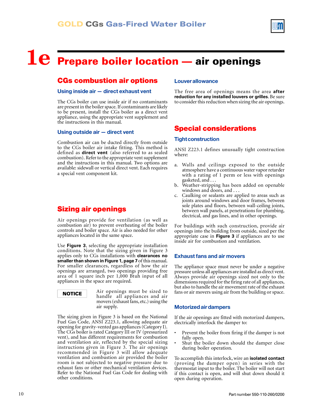 Weil-McLain 550-110-260/02002 manual 1e Prepare boiler location air openings, CGs combustion air options 