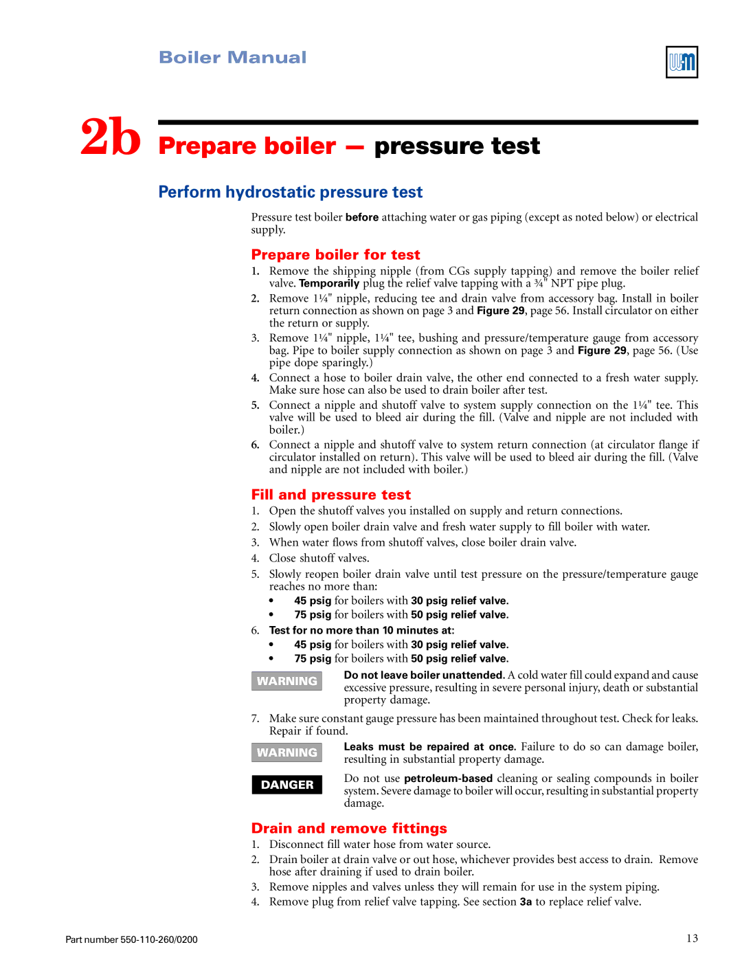 Weil-McLain 550-110-260/02002 2b Prepare boiler pressure test, Perform hydrostatic pressure test, Prepare boiler for test 