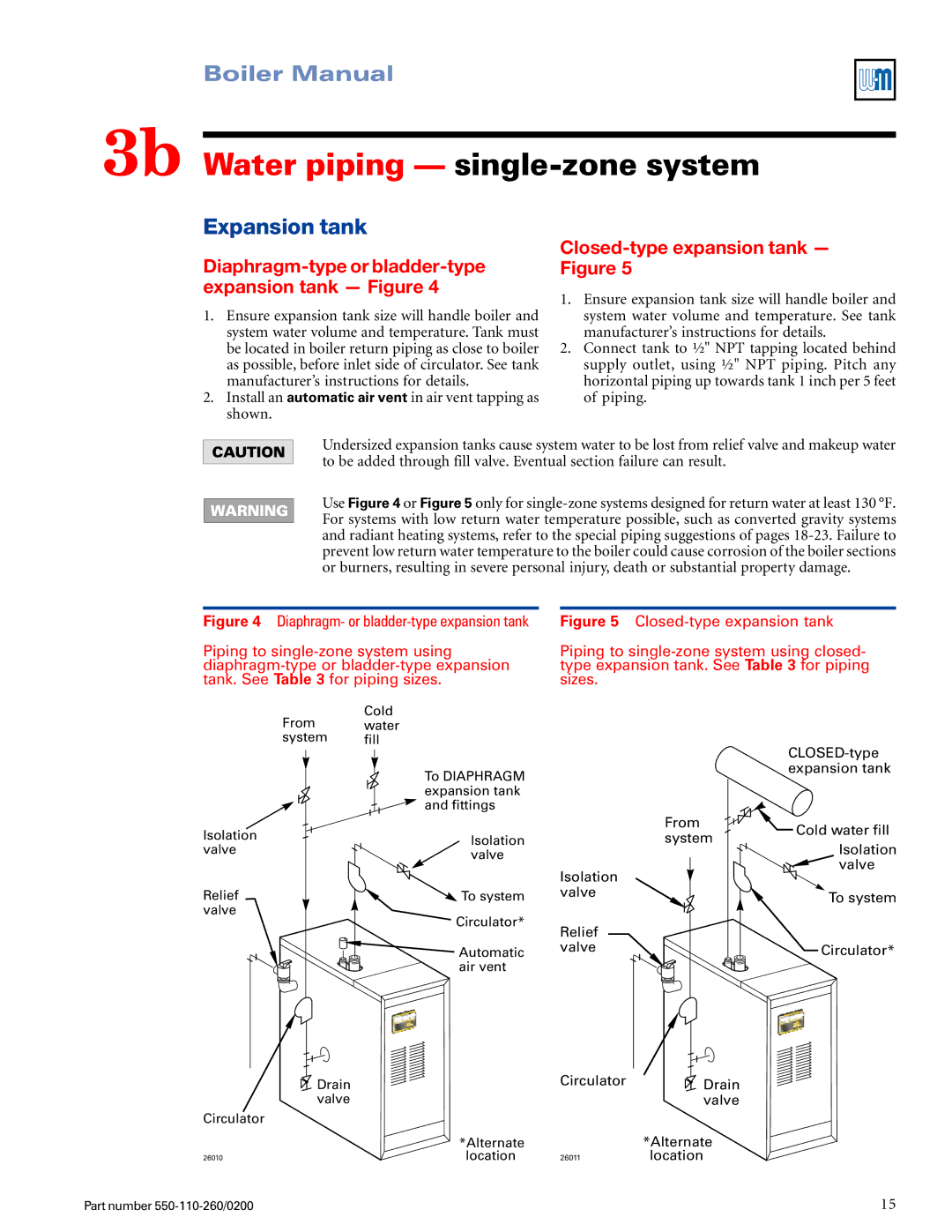 Weil-McLain 550-110-260/02002 manual 3b Water piping single-zone system, Expansion tank, Closed-type expansion tank Figure 